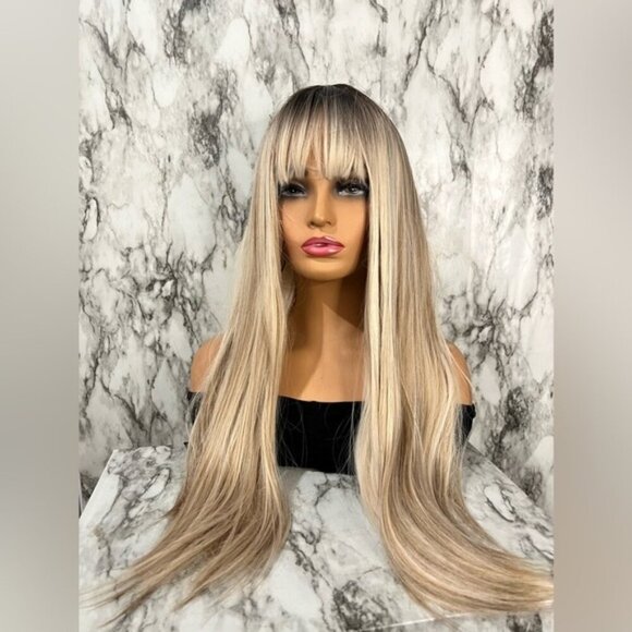 30 Inch Ombre brown to Light Blonde with highlights Long wig with bangs - Picture 1 of 6